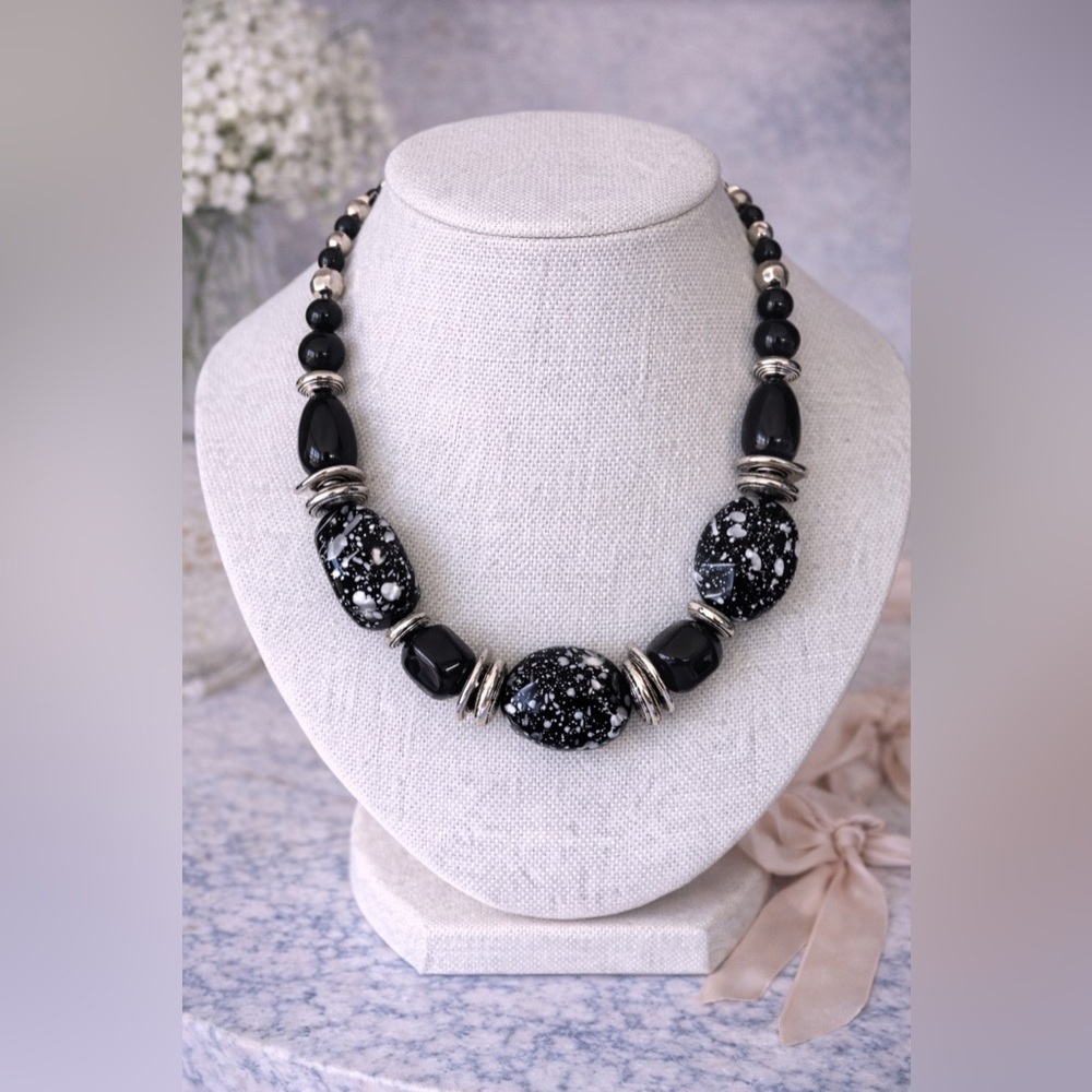Paparazzi In Good Glazes Chunky Black & Silver Splatter Statement Necklace Set